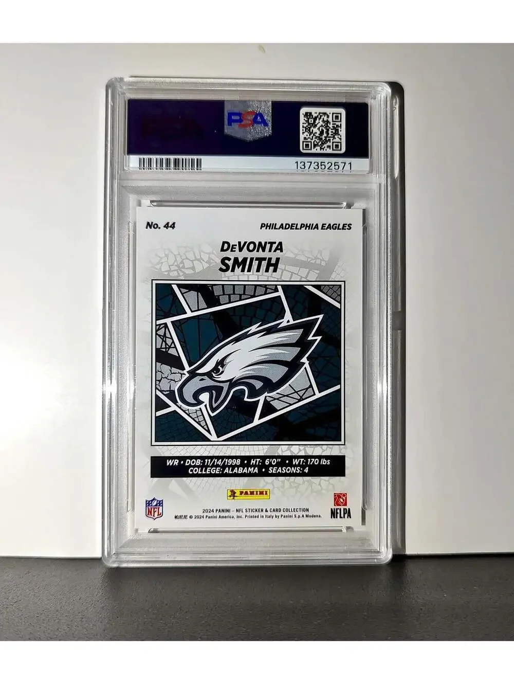DeVonta Smith 2024 Panini Sticker Collection 048/299 #44 Red Foil PSA 9 Mint